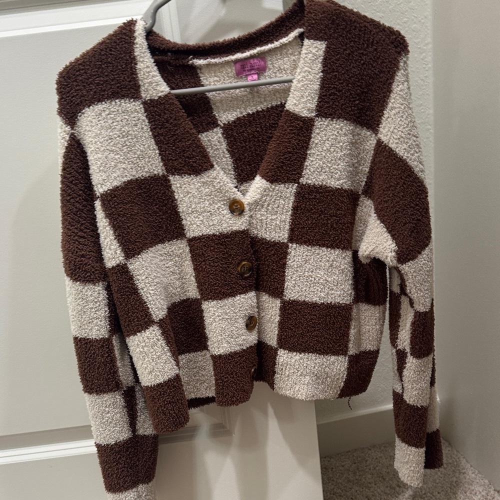 Miami Cropped Brown and Cream Checkered Cardigan